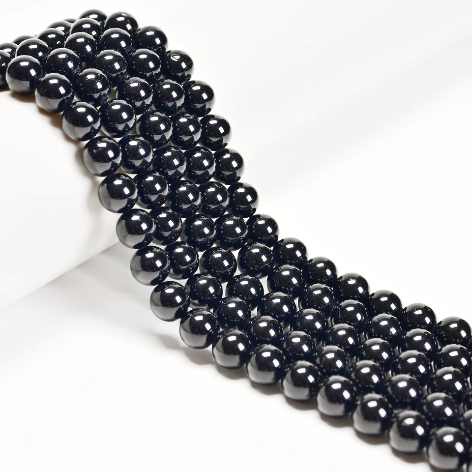 Natural Black Tourmaline Smooth Round Beads 4mm 6mm 8mm 10mm 12mm 14mm 15.5"Strd - Image 1 of 3
