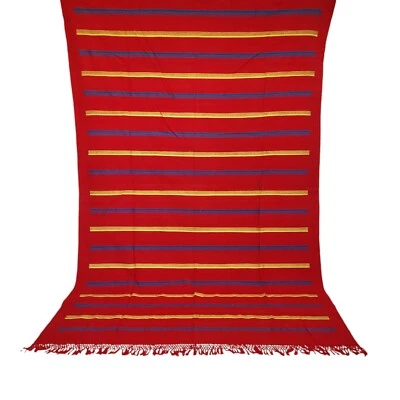 Vintage Handmade Moroccan Red Rug Blue Yellow Stripes Berber Tribal Wool Carpet - Image 1 of 4