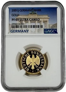 2001-J Hamburg Mint Germany 1 Mark 0.3855 oz Gold Coin NGC PF 69 UC - Picture 1 of 2
