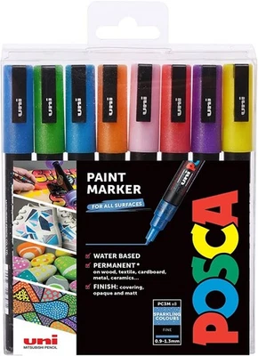MITSUBISHI® POSCA PAINT MARKER SET - GLITTER PC3M x 8 INC. FREE POSCA PEN CASE - Image 1 of 2