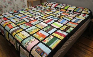 Quilt Top Scrap blocks with black sashing and border, Large 80" x 96" TOP only - Picture 1 of 14