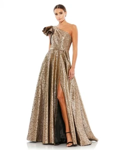 Mac Duggal 67297 Crinkle Metallic Ruffle One Shoulder Gown Sz 14 Antique Bronze - Picture 1 of 2