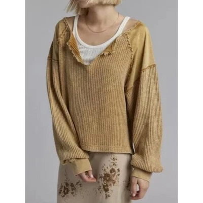 BDG Urban Outfitters Catskills Waffle Knit Thermal Top Washed Camel Oversized M* - Image 1 of 4