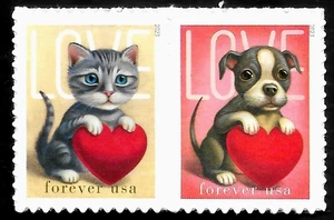 LOVE KITTEN & PUPPY HEARTS US #5745-5746 FOREVER STAMPS SET VALENTINES DAY CARDS - Picture 1 of 2