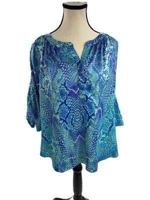 Jennifer Lopez Womens S Blue Snake Print Blouse Boho 3/4 Sleeve Pullover Top - Image 1 of 4