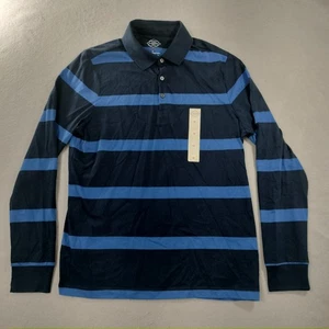 NWT St. John's Bay Classic Fit Blue Black Striped Long Sleeve Polo Shirt Mens M - Picture 1 of 9