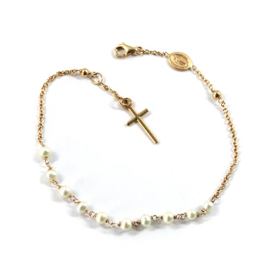 Pulsera Rosario Oro Rosa 18k 7.9" 4mm fw Perlas Blancas Cruz Medalla Milagrosa Foto 1 de 4