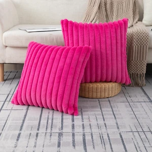 Set of 2 Hot Pink Faux Fur Decorative Throw Pillow Covers Fluffy Striped Pillowc - Picture 1 of 12