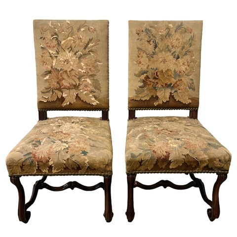 Pair Antique French Louis XIII Chateau Aubusson Tapestry Needlepoint Wood Chairs Cover