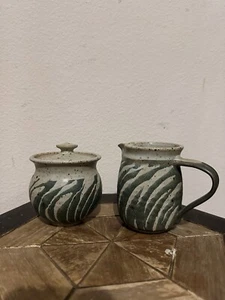 Studio Art Pottery Sugar and Creamer With Lid Dark Green Natural Speckled Signed - Picture 1 of 5