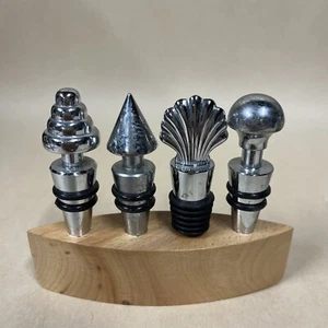 MCM Style Stainless Wine Bottle Stoppers Set 0f 4 w/ Wooden Stand - Picture 1 of 4