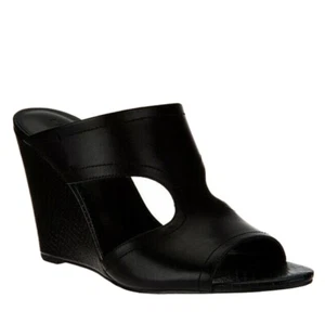 NIB H by HALSTON $99 Open-Toe Cut-Out Leather Mules - Holly-Black Size 8.5 M - Picture 1 of 12