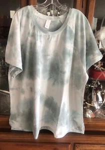 NWT LIVI 30/32W Plus Pullover Lightweight S/S Sweatshirt Green White Tie-Dye NWT - Picture 1 of 12