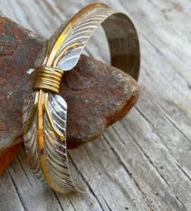 Melvin Vandever Sterling Silver and Gold Tone Feather Motif, Handmade Bracelet - Picture 1 of 5