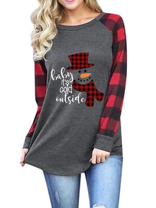 2XL Plus Size Women Christmas Tops Plaid T-Shirts Long Sleeve Snowman - Picture 1 of 2
