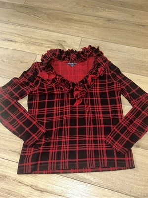 Camisa a Cuadros Buffalo Roja y Negra Navidad Cuello con Volantes Cabaña Country Mujeres M Foto 1 de 4