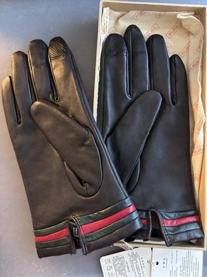 ELMA Mens XL Leather Gloves Black (Cashmere Lining) with red and green stripes - Image 1 of 4