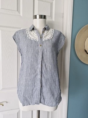 Maeve Anthropologie Shirt Women 100% Linen Cap Sleeve Lace Panel Sz XS-S - Image 1 of 4