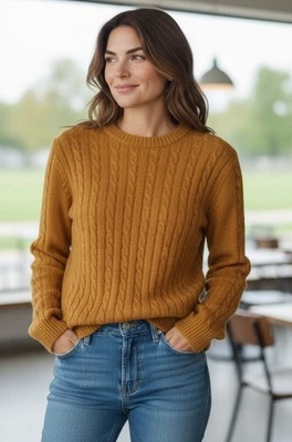 Suéter para mujer Jeanne Pierre L marrón tejido con cable lana de cordero mezcla de angora cuello redondo Foto 1 de 4