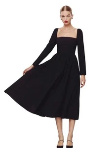 Reformation Elly Dress Black Size 0 Long Sleeve Midi Square Neck Cottagecore NEW - Picture 1 of 15