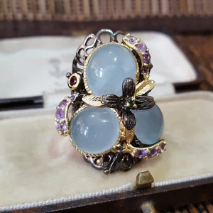 925 Sterling Silver Ring, Multi Gemstones, Aquamarine, Black Silver, Size Q US 8 - Picture 1 of 10