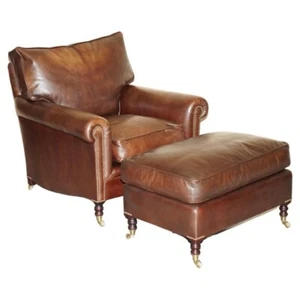 GEORGE SMITH CHELSEA SIGNATURE FULL SCROLL ARM BROWN LEATHER ARMCHAIR & OTTOMAN - Picture 1 of 12