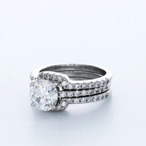 3.04CTW LAB DIAMONDS H/SI1 ROUND CUT 14K WHITE GOLD CLASSIC SIDE-STONE RING SET - Picture 1 of 4