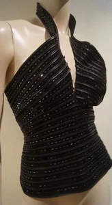 JITROIS Black Leather Rib Sequin Plunge V Halterneck Sleeveless Evening Top 36 - Picture 1 of 7