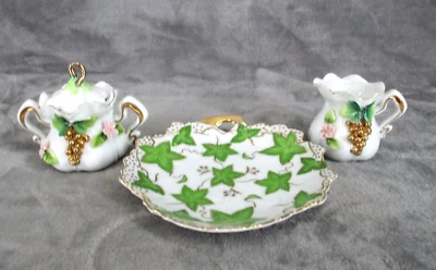 Creamer Sugar Bowl Ivy Leaf Trinket Dish Set Porcelain Gold Trim 3D Design Green - Image 1 of 4