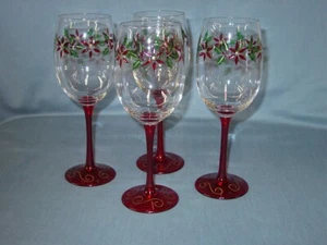 Lot de 4 verres à vin en cristal Pier 1 gobelets à eau Noël poinsettia 9,25" - Photo 1/3