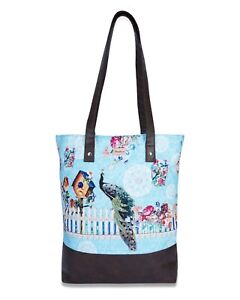 Handcrafted Printed Canvas Peacock Fence Shoulder Pu Bottom Tote Bag for Women