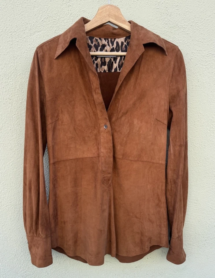 Camisa de vestir Dolce & Gabbana Italia gamuza cuero tostado manga larga botones para mujer 42 Foto 1 de 4