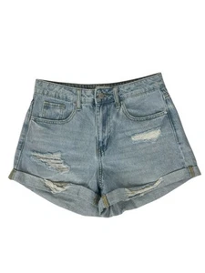 Simple Society Damen Distressed hoher Bund blaue Waschung Denim Shorts Größe 5/27 - Bild 1 von 16