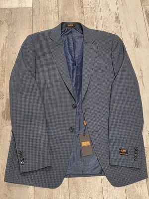 44L Men's Steven Land Blazer Checkered Blue Super 150s Wool Sport Coat New W/Tag - Image 1 of 4