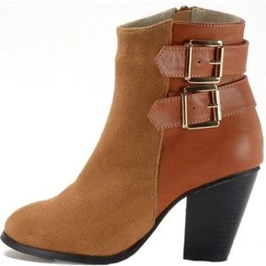 Botas Alpine Swiss para mujer con hebilla y tacón bloque con cremallera en color tostado talla 6 - Imagen 1 de 7