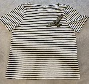 Top donna J.Crew a righe nero/bianco con paillettes uccellino taglia large - Foto 1 di 9