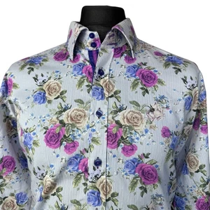 CLAUDIO LUGLI Shirt Mens 2XL (45-46") Long Sleeve Light Blue with Rose Print - Picture 1 of 12