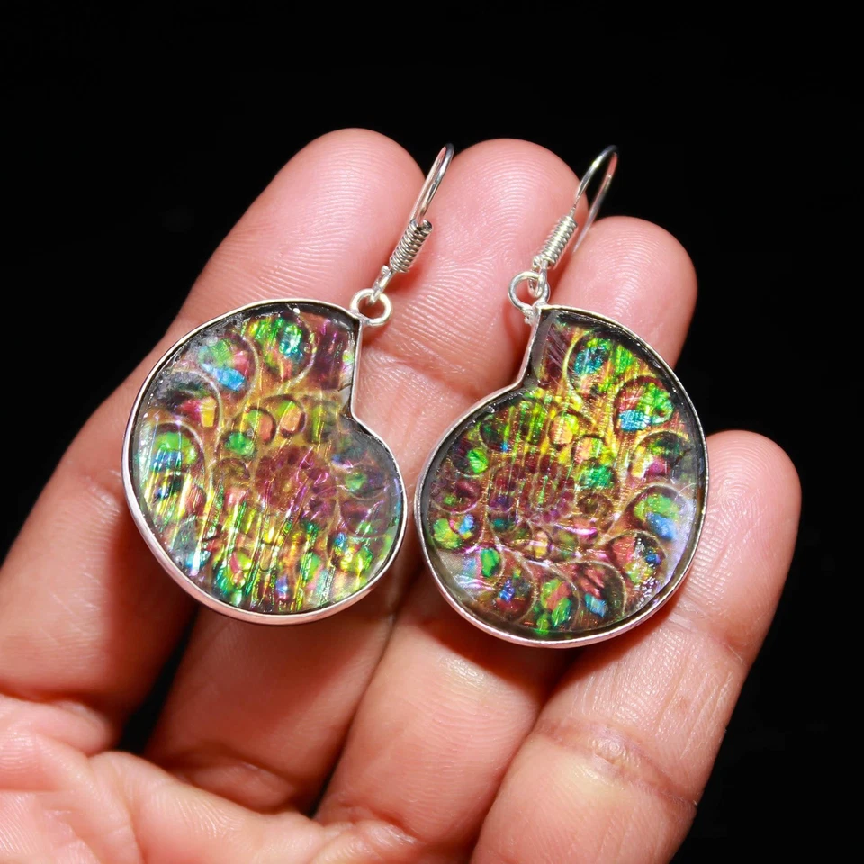 Amolita en piedras preciosas de amonita 925 pendientes de plata de ley joyería regalo para ella Foto 1 de 4