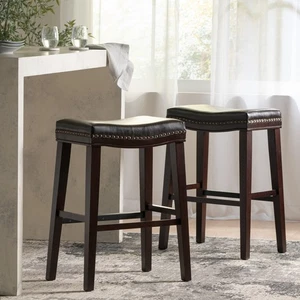 Juego de 2 taburetes de bar de cuero PU para mesa de comedor taburete de bar isla de cocina madera - Imagen 1 de 12