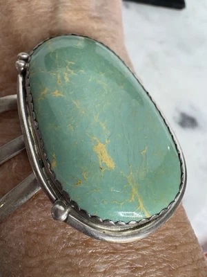 SS Green Oval Turquoise Bezel Set W 3 Band Cuff Bracelet Native Sign R Sterling - Image 1 of 4