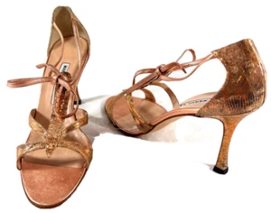 MANOLO BLAHNIK Metallic Rose Gold Leather Ankle Strap Heeled Sandals 9.5 - Picture 1 of 11
