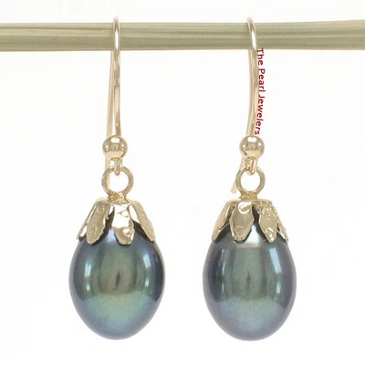 14K Yellow Gold Fish Hook Black Pearl Claw Earrings (7.5–8mm) - Image 1 of 2