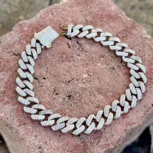 8Ct Round Cut Simulated Diamond Men's Cuban Link Bracelet 14K Yellow Gold Plated - Picture 1 of 7