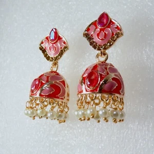 Indian Ethnic Jewelry Jhumki Earrings Pink Enamel Gold Plated Bollywood Wedding - Picture 1 of 17