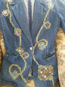 Vintage 80s jacket Sz S Denim R&K orginals Made In Hongkong Embellished Jewels - Picture 1 of 12