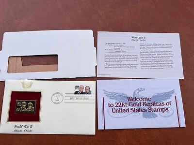 二战丘吉尔·罗斯福大西洋宪章第一天美国邮政22KT金邮票套装 — 第 1/4 张图片