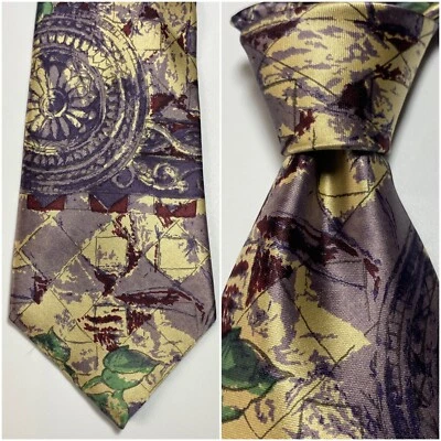 Gravata Christian Dior Monsieur seda floral aquarela multicolorida metálica vintage - Imagem 1 de 4