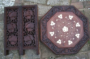 MESA AUXILIAR GRANDE ANTIGUA OCTOGONAL PLEGABLE ANGLO/INDIA TALLADA/CON INCRUSTACIONES SUPERIOR - Imagen 1 de 9