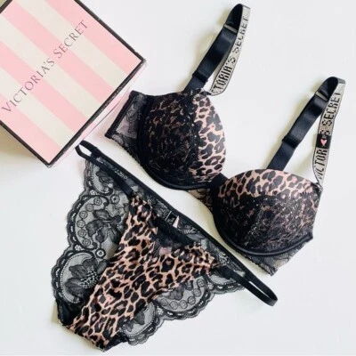 32C MEDIUM Victoria’s Secret black bling bra set animal print cheeky panties - Image 1 of 4