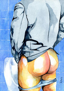 PRINT of Original Art Work Watercolor Painting Gay Male Nude "Public toilet 19"
